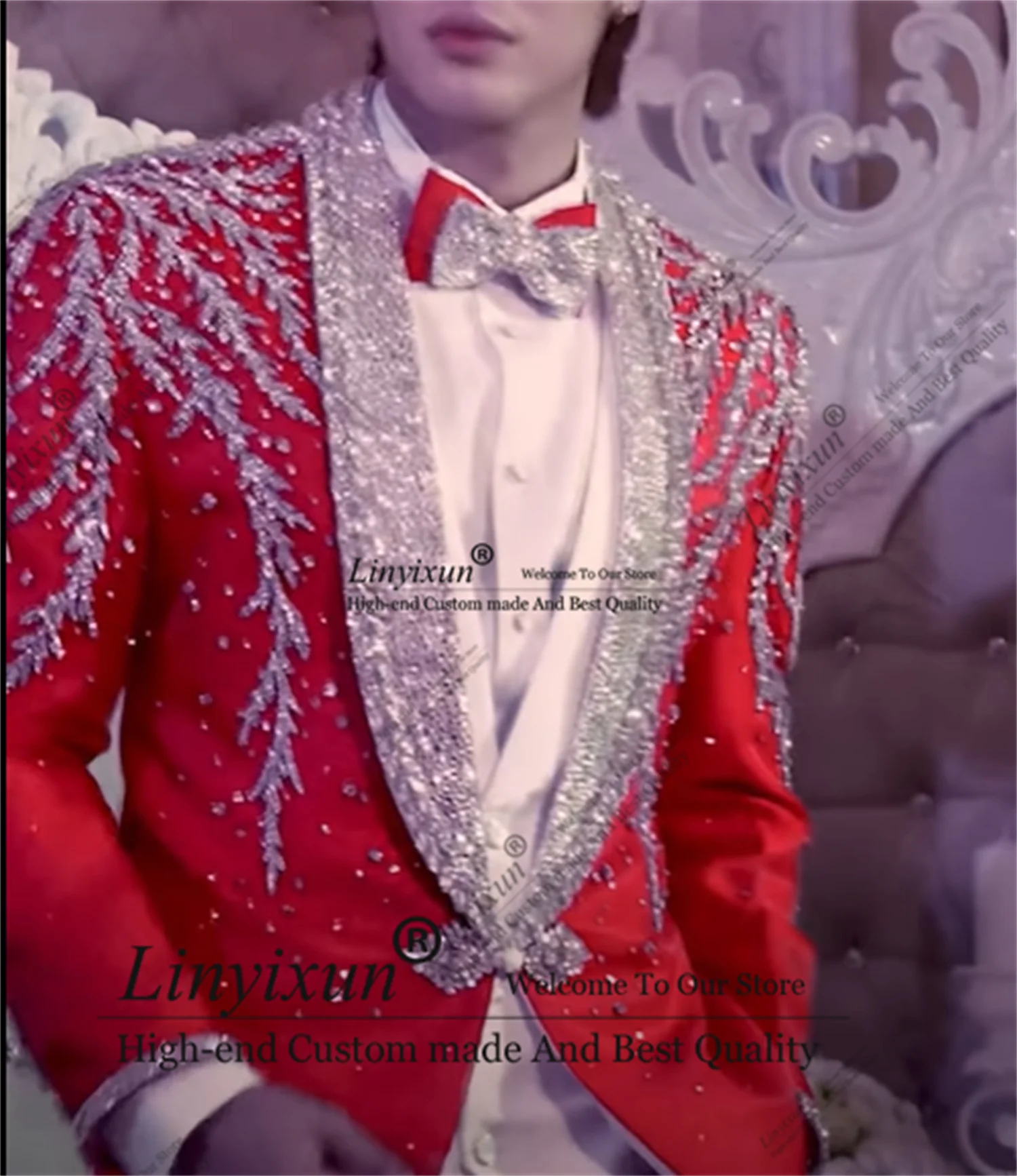 

Luxury Metal Embellished Beadeds Men Suits Shiny Groom Tuxedos 3 Pieces Sets Party Prom Blazer Customized Costume Homme