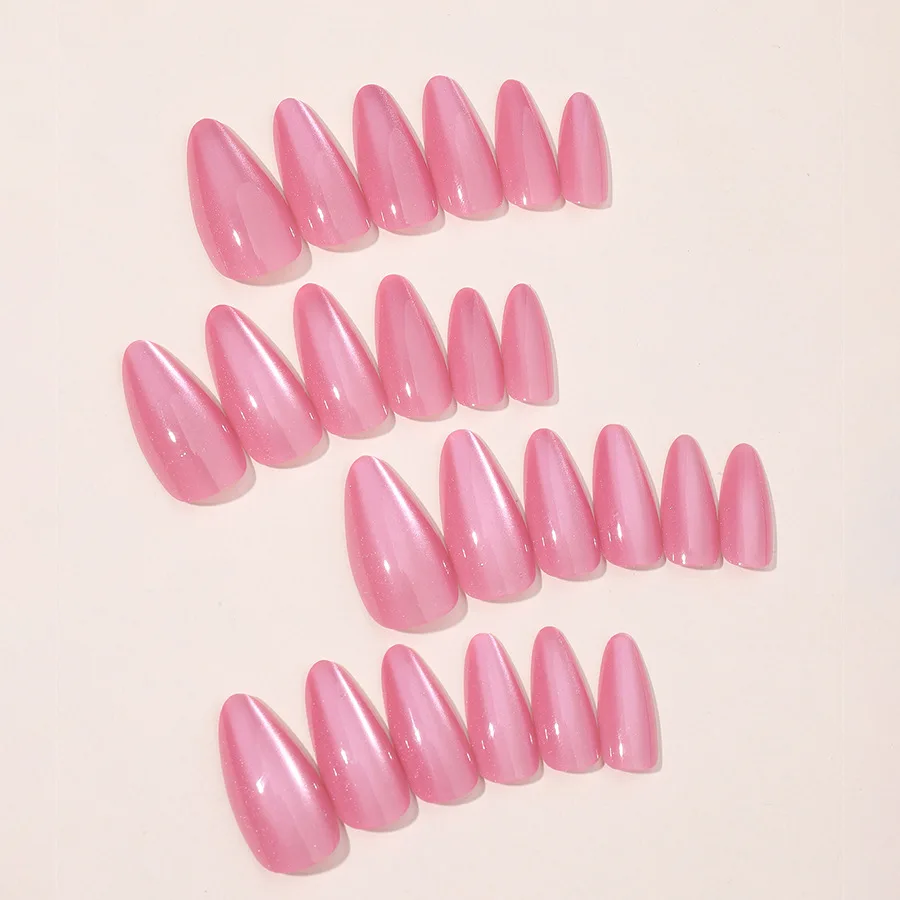 24pcs Gradient Rose Pink False Nails Glossy Cat Eye Design Fake Nail Tips For Girls Women Almond Press On Nails Patch Wearable