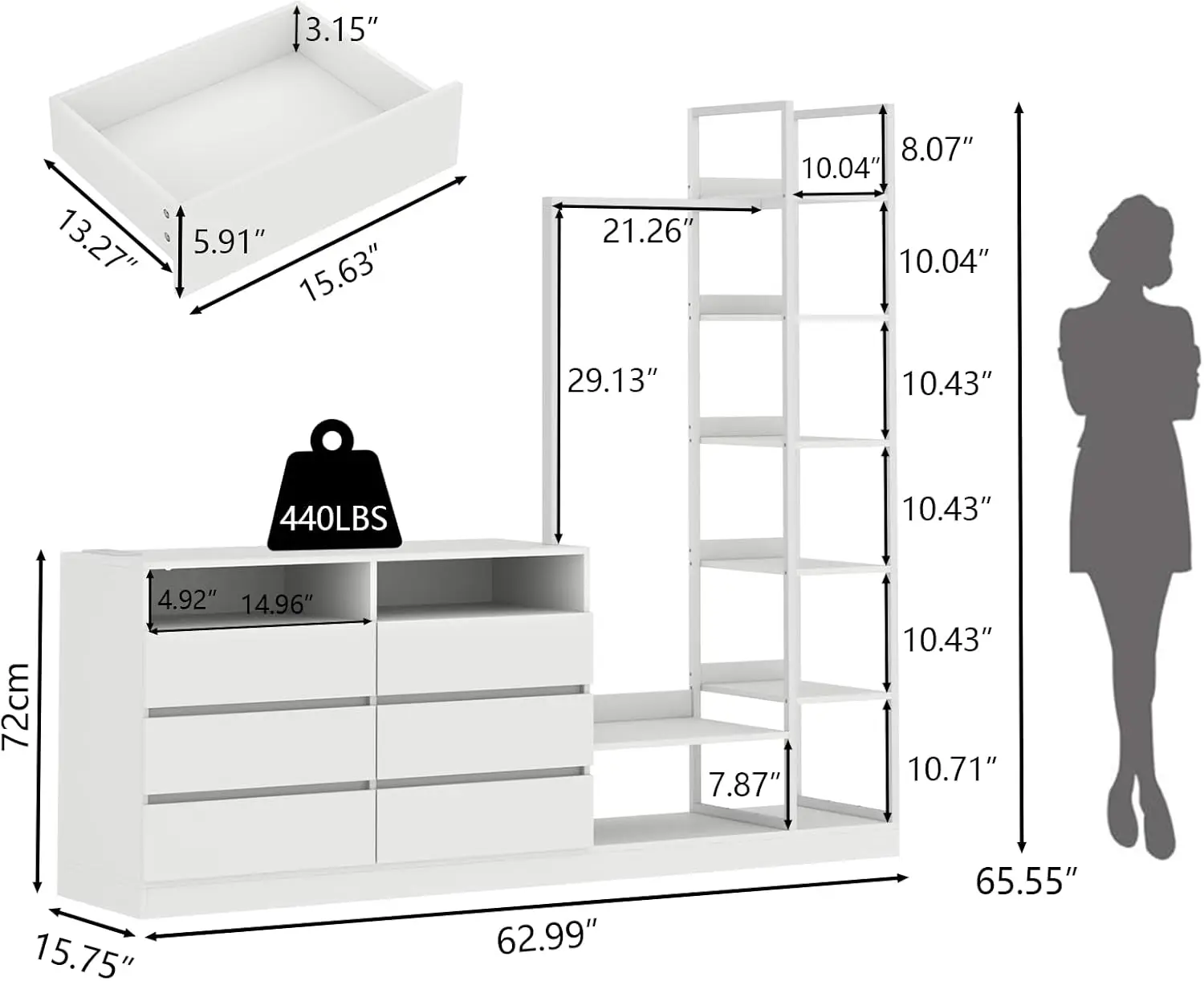 6 Drawers Dresser with Hanging Rack & 6 Tiers Shelves,LED Dressers & Chests of Drawers,63" Wide Long 4 in1 Storage Unit Dressers