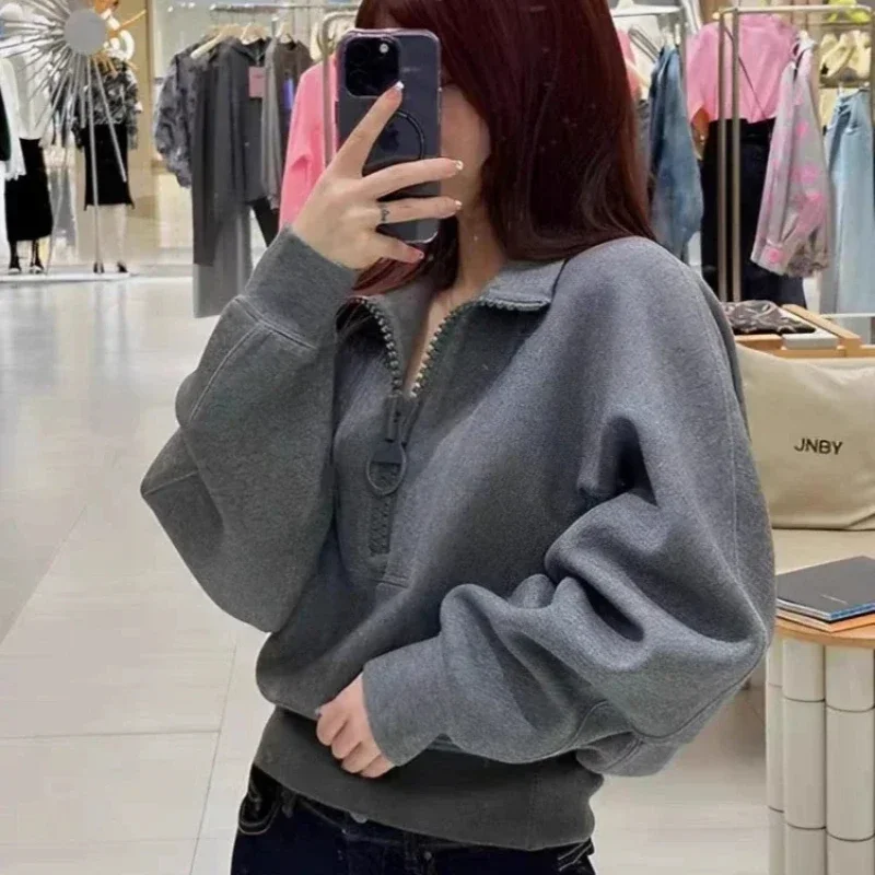 Women\'s Sweatshirts Grey Cropped Female Top Spring and Autumn Novelty Emo Youthful Clothes Y2k Style Korean Popular M Pullovers