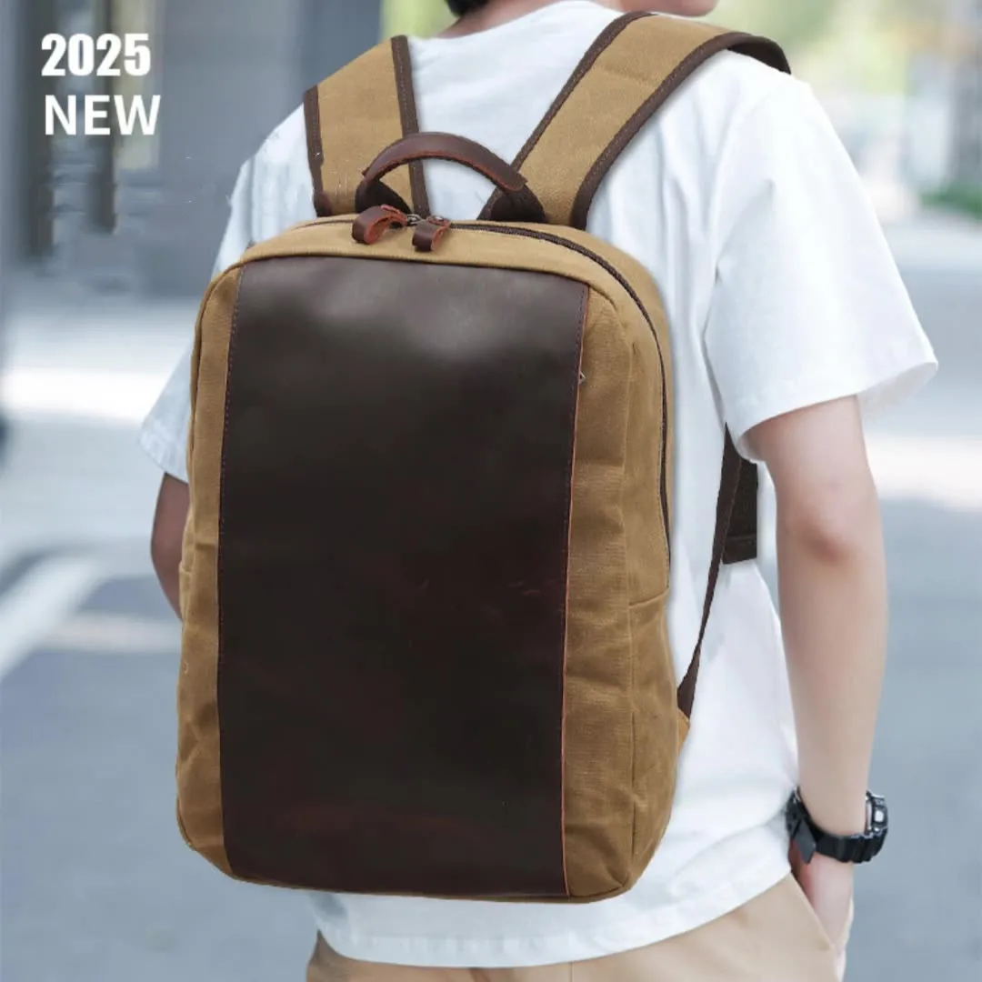 New Waxed Canvas With Leather Backpack Waterproof Vintage Travel Rucksack Large Capacity Durable Laptop Bag for Men School Bags