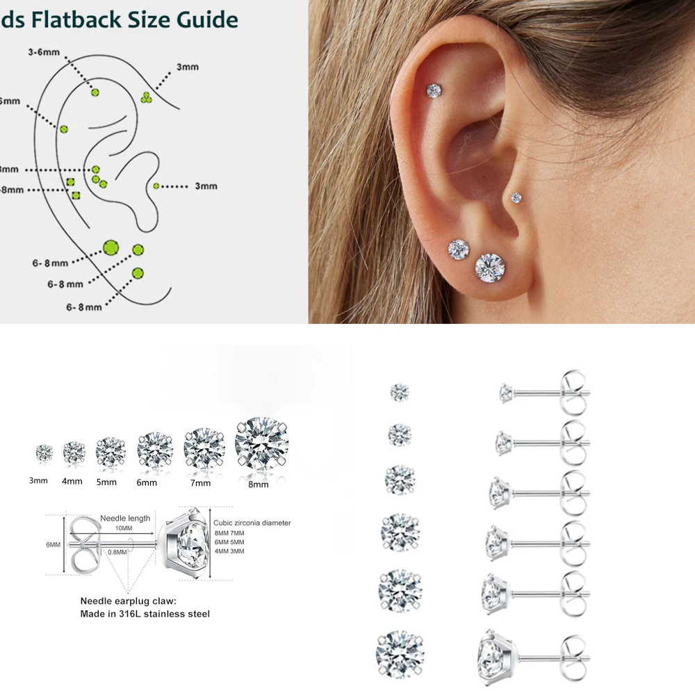 Stainless Steel Stud Earrings Classical New Double Zircon Design Push Up White Color For Men Women For Choose 2mm 3mm