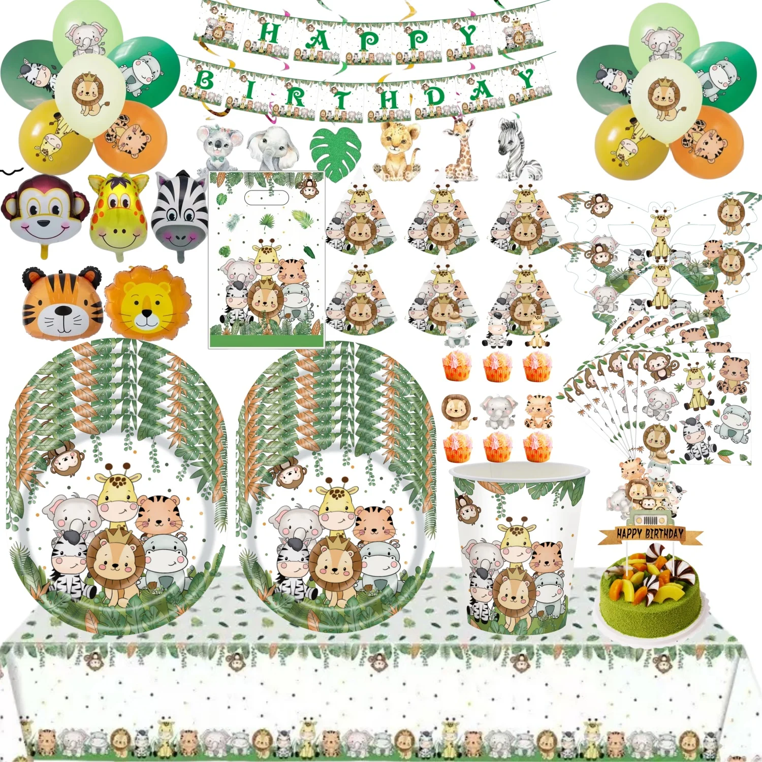 Dschungeltier-Geburtstagsdekoration, Tischdecke, Mädchen-Thema, Ballons, Tischgeschirr, Banner, Hintergrund-Set, Süßigkeitentüten, Jungen-Zubehör-Kit