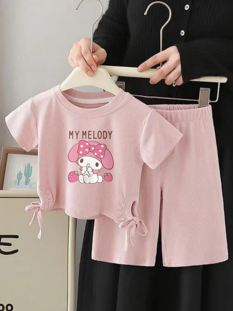 

Летний комплект одежды из ледяного шелка Sanrio для маленьких девочек, футболки с короткими рукавами и принтом My Melody, топ и шорты, костюм из 2 предметов