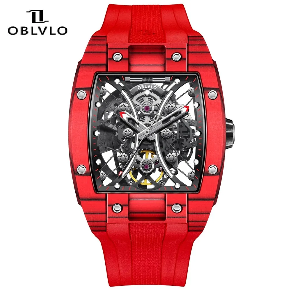 Oblvlo For Mens Watch Automatic Mechanical Wristwatch Skeleton Luminous Tonneau Carbon Fiber Case Rubber Sapphire Crystal Male