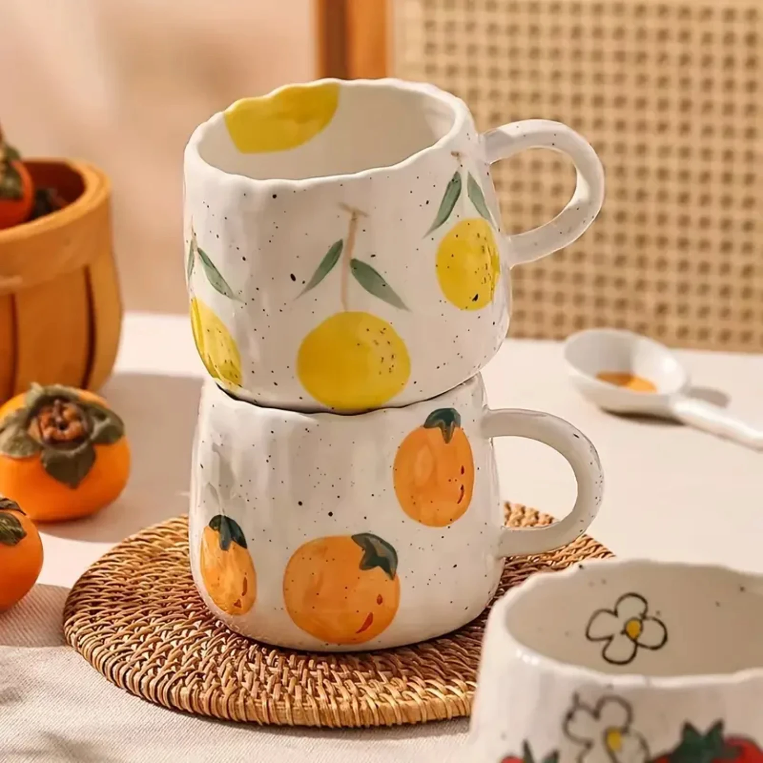 1pc 350ml Funny Fruit Pattern Ceramic Coffee Mug Handheld Type Milk Mugs  Accessories Simple Retro Hand Painted Glazed Cup
