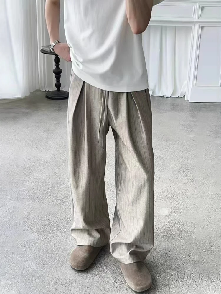 

Мужские летние тонкие брюки Slim Fit в американском винтажном стиле, в полоску, с широкими штанинами, повседневные, однотонные