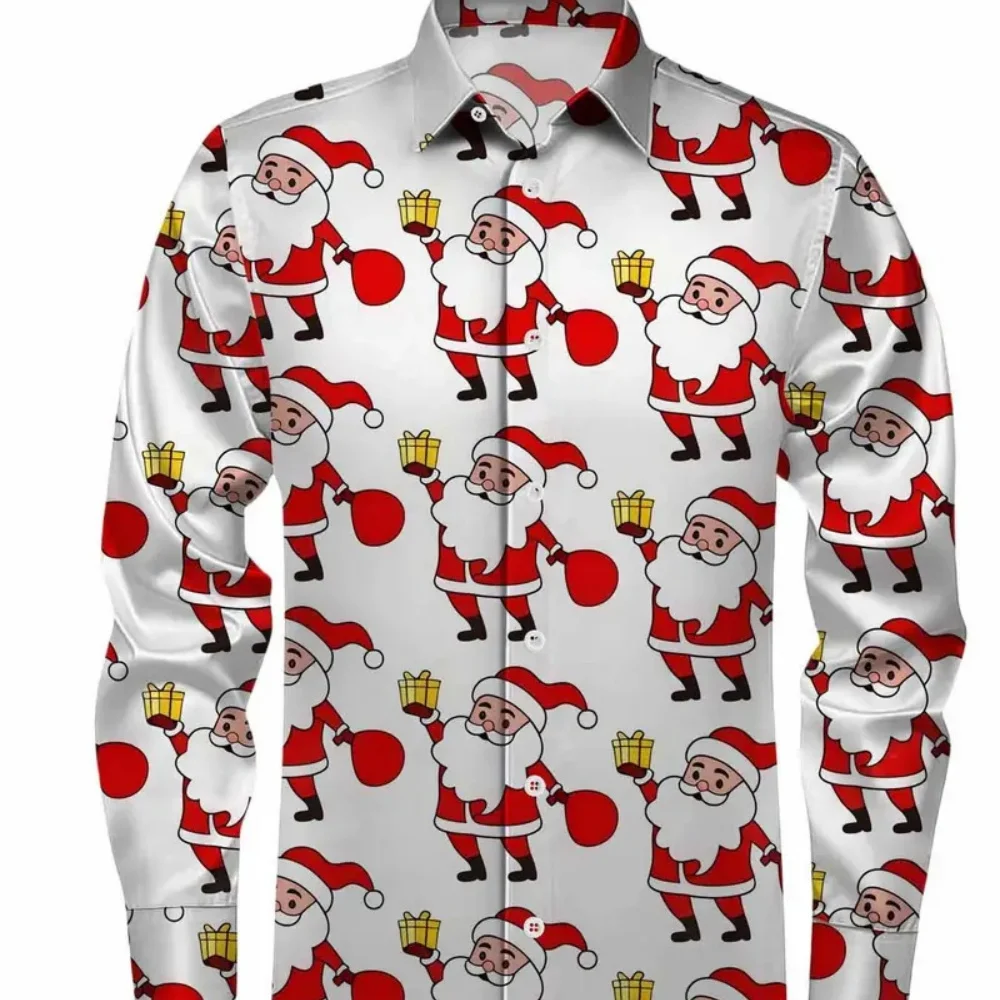 

Men's long sleeved shirt, cartoon Santa Claus print lapel button shirt, Christmas party men's social clothing plus size shirt