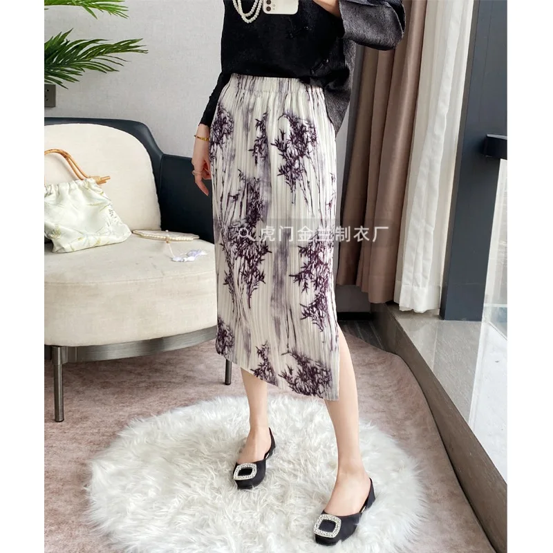 

Pleats Original Pleated Skirt 2024 Spring Summer Skirt Printed Skirt Medium-length Hundred Straight Package Hip Slim Jupe Female