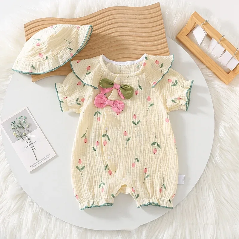 

2025 Summer Newborn Baby Girl Clothes Floral Print Cute Jumpsuit with Matching Hat & Irregular Button Design