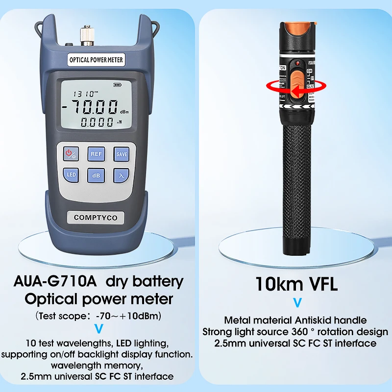 Imagem -04 - Ftth Fibra Óptica Tool Kit com Cutelo Visual Fault Locator Power Meter Aua7s-70+ 10dbm 10mw 19 Pcs Set