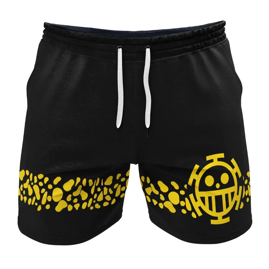 

One Piece Trafalgar Law Heart Pirates Shorts, Black with Yellow Room Effect Casual Anime Fan Bottoms Summer Men's Beach Pants