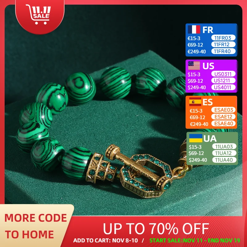 

Vintage Malachite Beaded Bracelets Natural Stone Rhinestones Charm Woman Gold Color Luxury Jewelry Designers Toggle Trends 2025