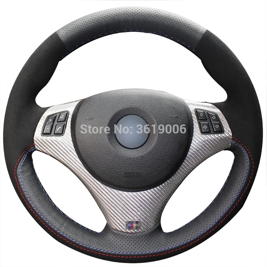 

DIY Steering Wheel Cover Black Suede Black Leather Hand Sewing For BMW E90 320i 325i 325xi