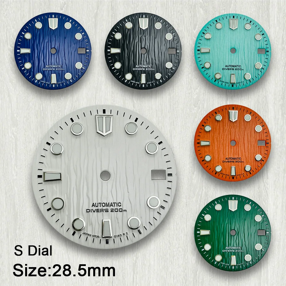 28.5mm S Logo Bark Dial Suitable For NH35/NH36/4R/7S Movement Green Luminous High Quality Watch Modification Accessories