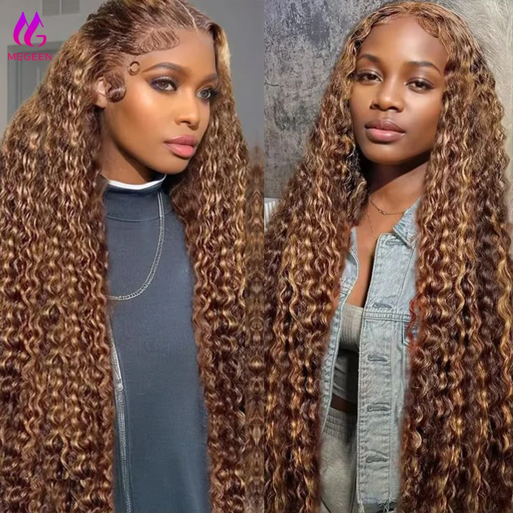 Megeen P4/27 13X4 Lace Front Wig Human Hair Honey Blonde Ombre Colored Wig Highlight Water Wave Wig Transparent Lace Frontal Wig
