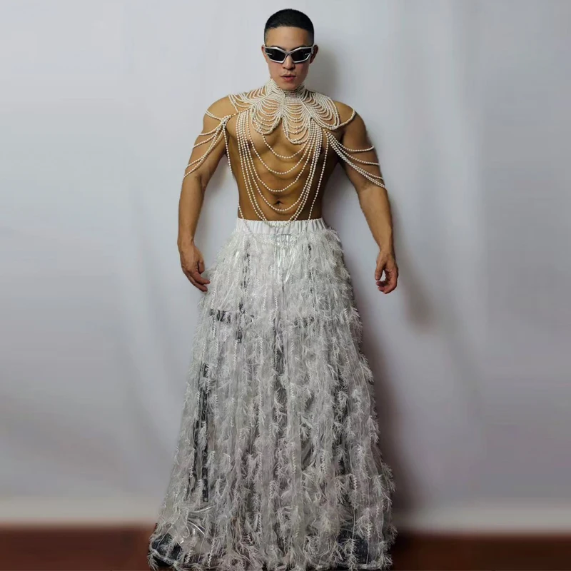 بار DJ لعب الأدوار ملابس للحفلات مثير القطب الرقص الدعاوى الرجال جوجو زي المرحلة الهذيان الزي اللؤلؤ أعلى ريشة تنورة XS10696 #2