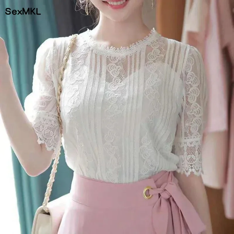 Sexy Summer Lace Blouses Women 2024 Korean Fashion Clothes Casual Blusas Femininas Slim Chiffon Shirts See Through Ladies Tops