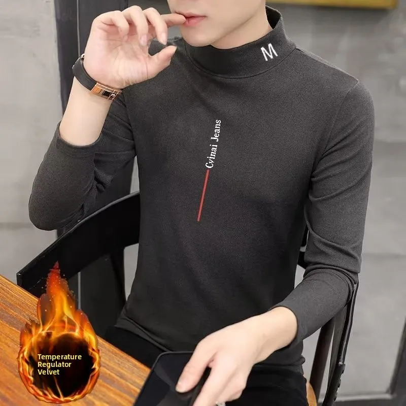 

Fce Lined Thermal irt Double Sided Velvet Print Long Sve T-irt High Collar Slim Fit Youthful Sle for Autumn Winter