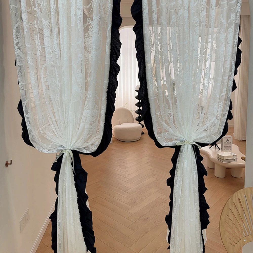 

New French Lace Black Edge Fresh Girly Style Window Screen Bay Window Door Curtain Bedroom Window Living Room Door Curtain