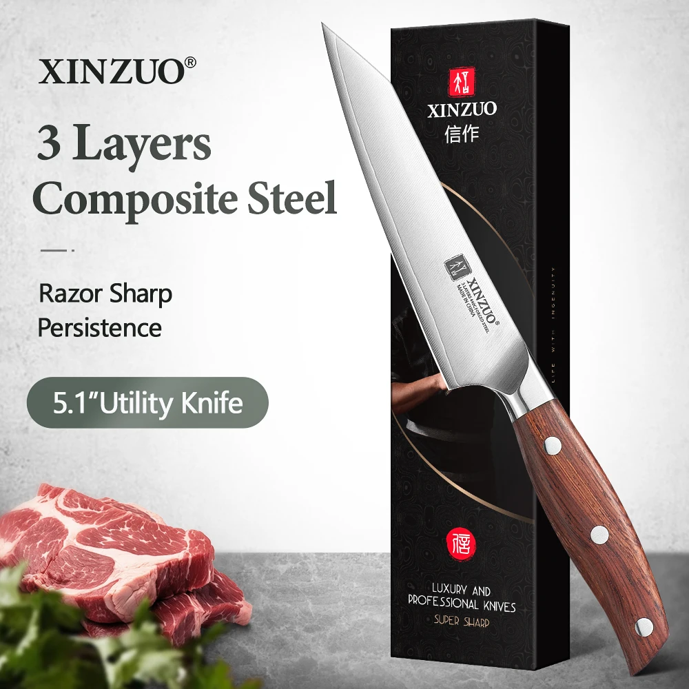 XINZUO Sharp 5.1” inch Utility Knife 3 Layer Composite Steel High Hardness 60±1HRC Slicing Knife Suitable For Kitchen Tasks