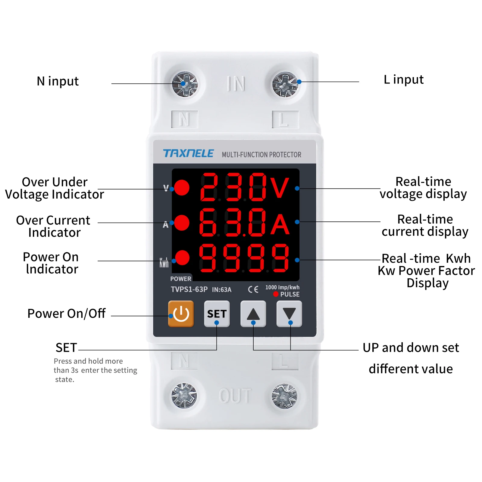 3IN1 Display Din Rail Adjustable Over Under Voltage Surge Protector Relay Over Current Protection Kwh Power Meter 230V 63A