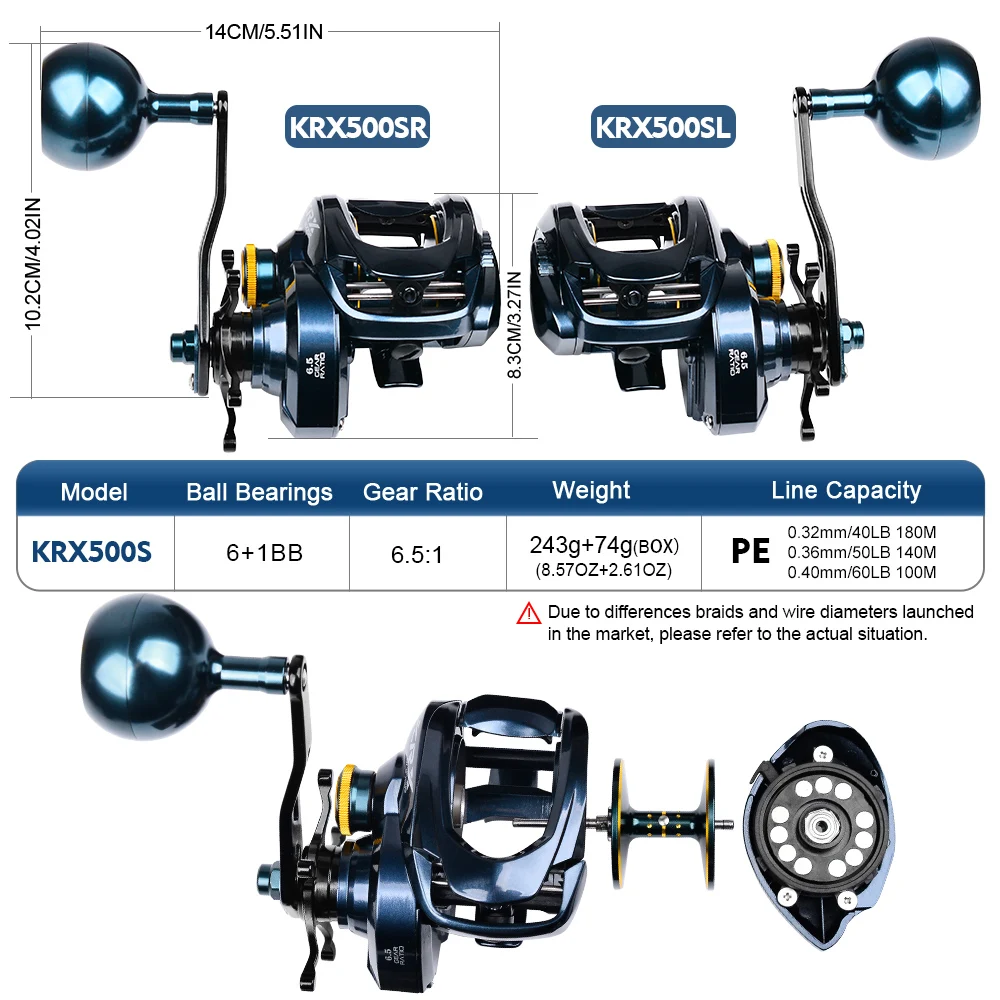 PROBEROS Baitcasting-Rolle 6,5:1 Übersetzungsverhältnis 6+1BB 20 kg/44 lb Drag 243/245 g Metallgehäuse Cast Drum Wheel Salzwasser-Angelrolle Pesca – Detail 2