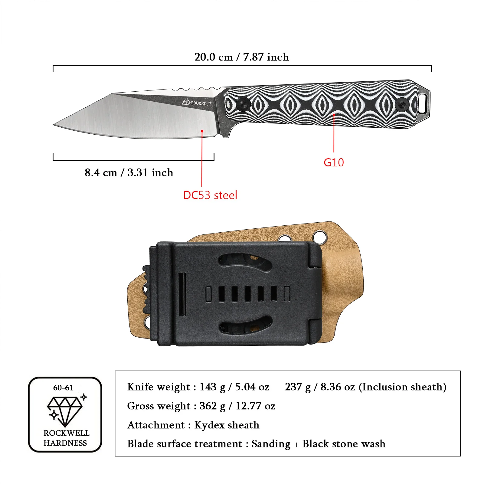 SDOKEDC DC53 Steel Outdoor EDC Knife Men's G10 Handle Hiking Utility Fixed Blade Camping Knife