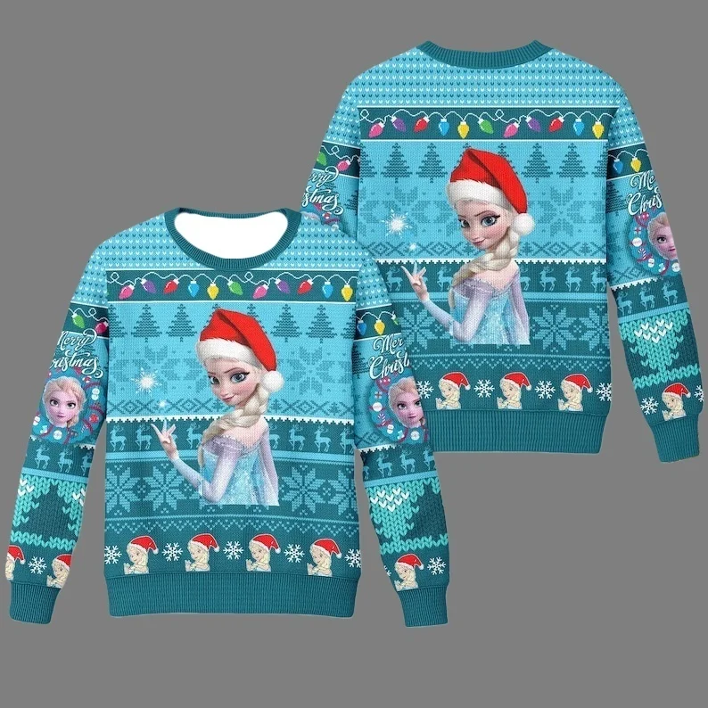 

Уродливый свитер на тему Винни и Эльзы Диснея, толстовка с круглым вырезом для рождественской вечеринки, увеличенный осенне-зимний топ для взрослых, новый стиль