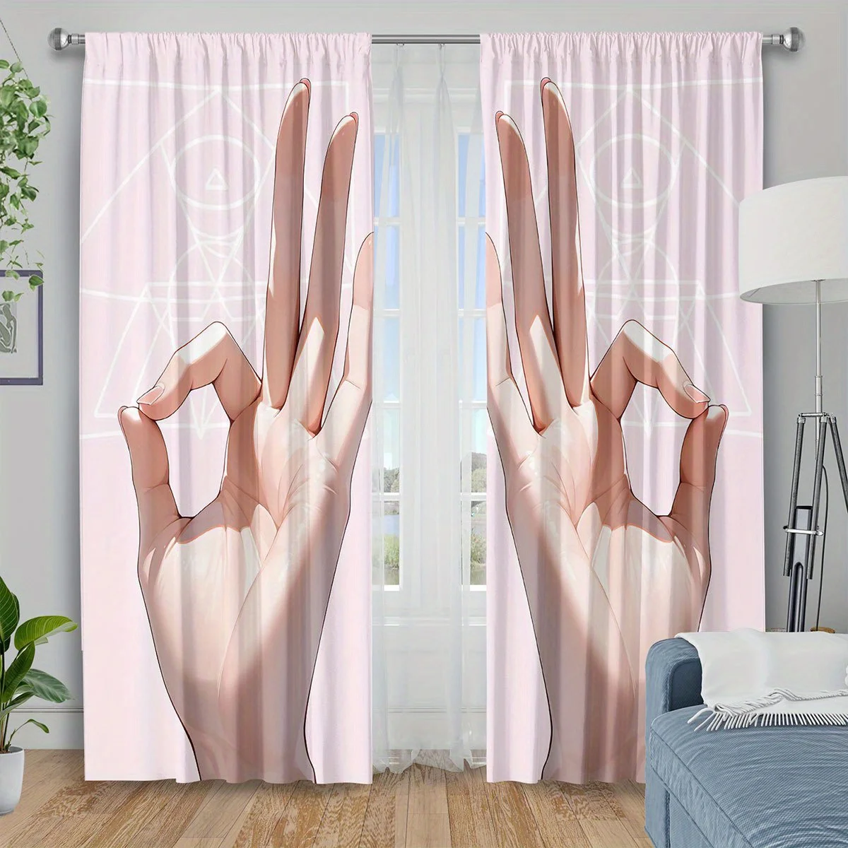 Mudra Hand Curtain, Yoga Lotus Pose Print Drapes, Spiritual Zen Window Curtains, Pink Minimalist Living Room Decor