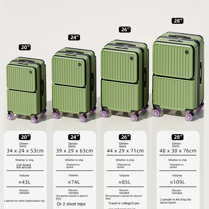 Mala de viagem com haste de tração larga, cinco rodas, 28 polegadas, bagagem de grande capacidade, abertura frontal, bolsa para laptop, mala de cabine de 20 polegadas