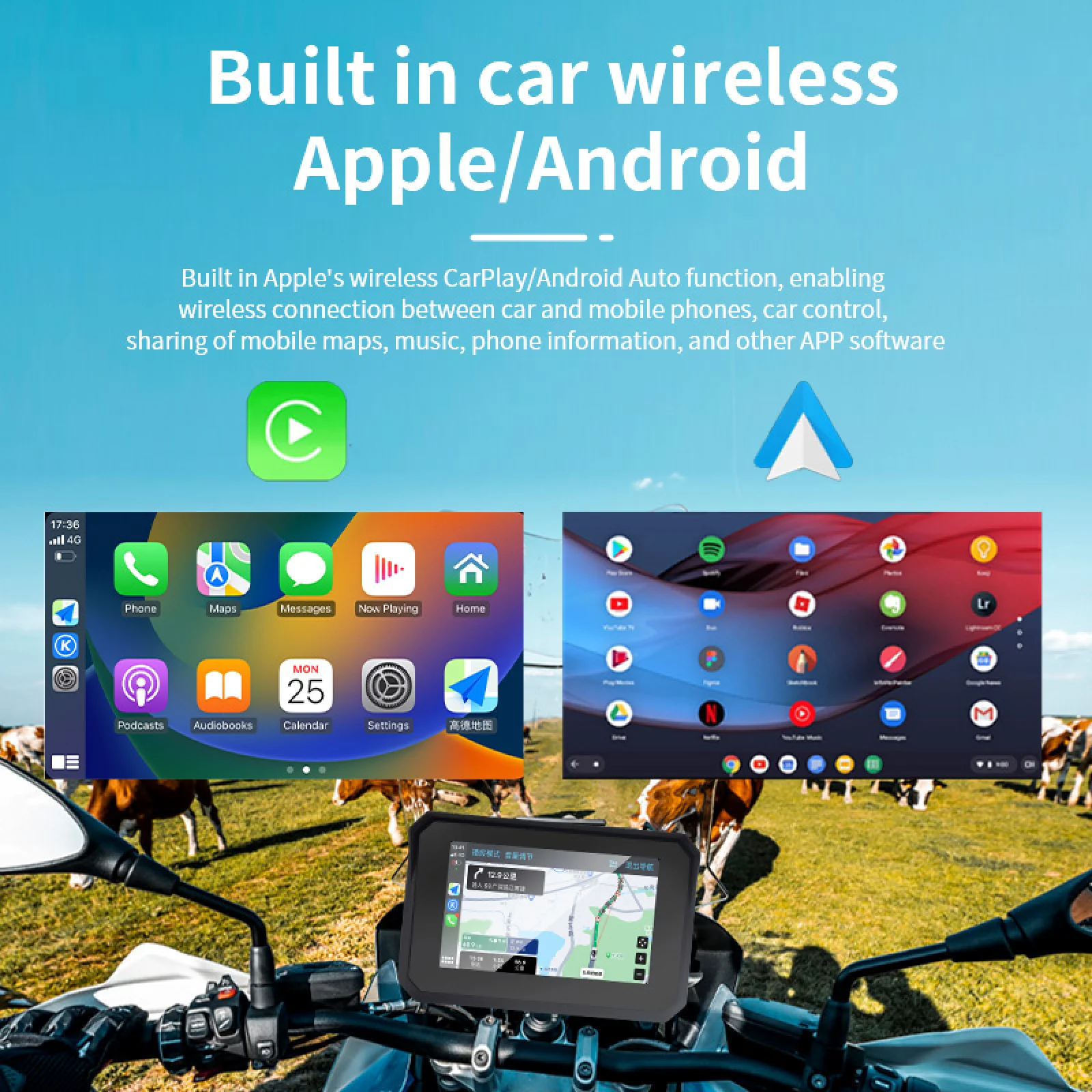 5 Zoll Motorrad drahtloses Carplay Android Auto 800 nit externe tragbare Navigation ipx7 Motorrad Bildschirm Dual Bluetooth