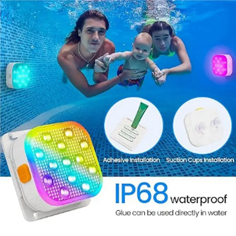 ABNM 2X Rechargeable Submersible Pool Lights With Remote, IP68 Waterproof 16 Color Changing LED Lights With Glue