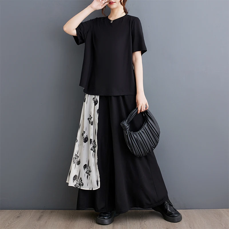 Verano nuevo suelto artístico Faion Print Ba Splice Top pantalones de pierna ancha conjunto de dos piezas poliéster para mujer ort Sve...