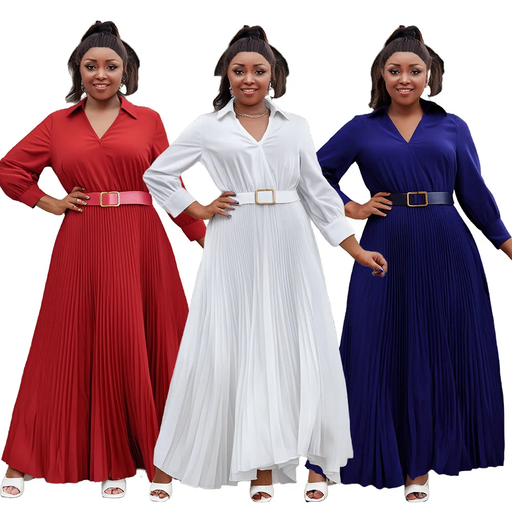 

plus Size Women's Casual Dress V-Neck Long Sleeve Solid Pleated Skirt Fashionable 2025 New Style