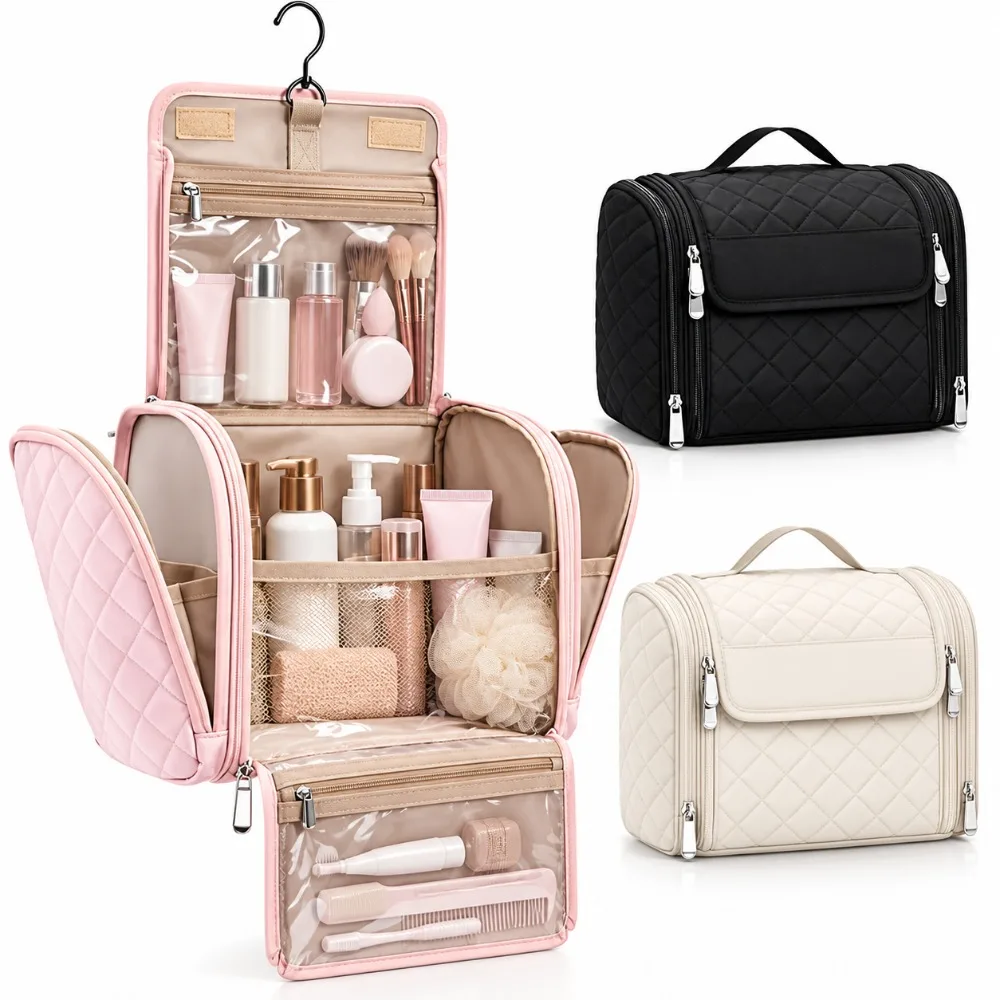 Waterproof Hanging Toiletry Bag Clear Pockets Hanging Hook Cosmetic Carry Case Quilted Exterior Carry Handle
