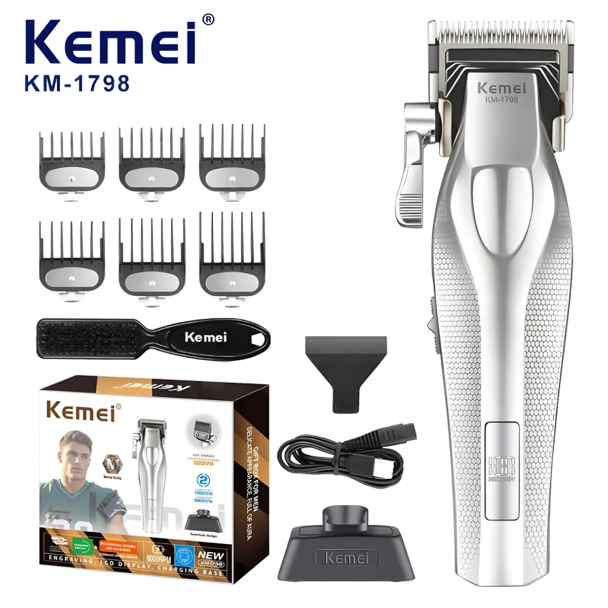 

Kemei KM-1798 Professional Hair Clippers for Men with DLC Blade Full Metal Hair Cutting Machine Hair Trimmer Haircut Machine