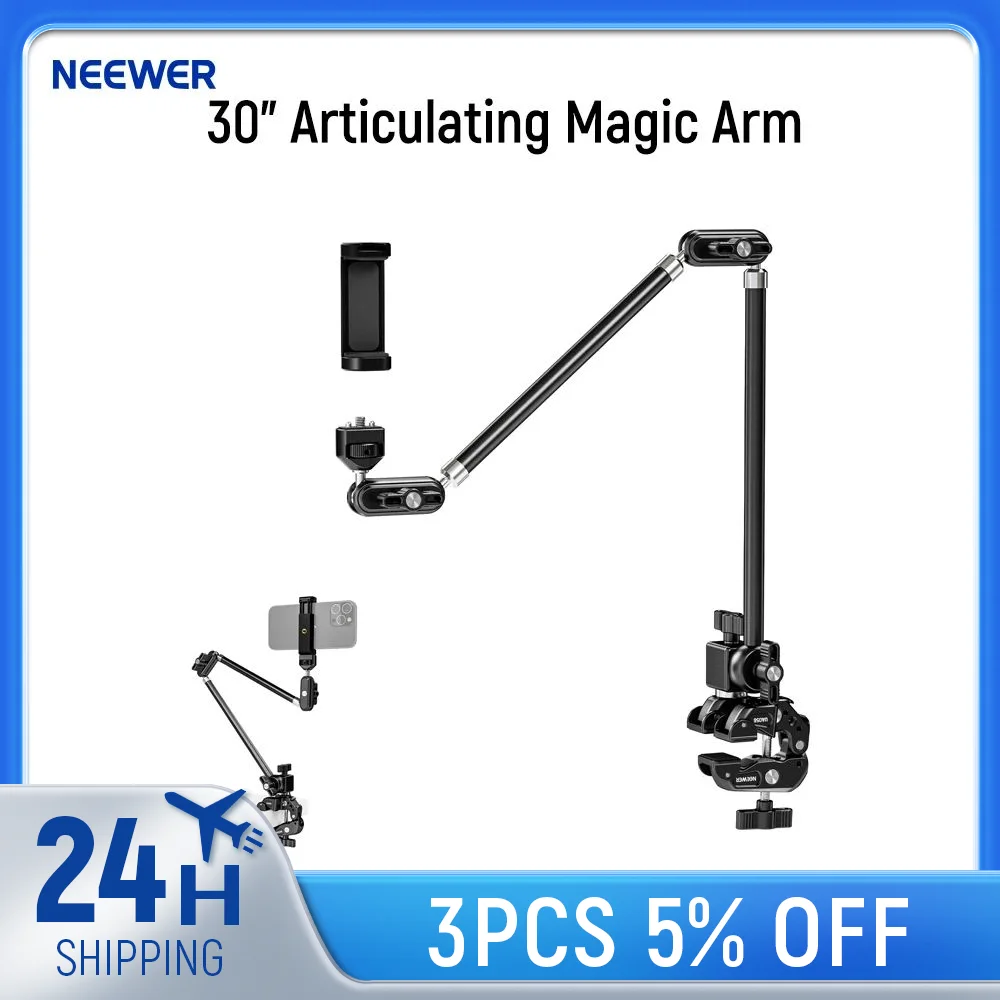 

NEEWER 30" Articulating Magic Arm with Super Clamp/Action Cam Mount/Phone Holder For GoPro iPhone DSLR Webcam Microphone