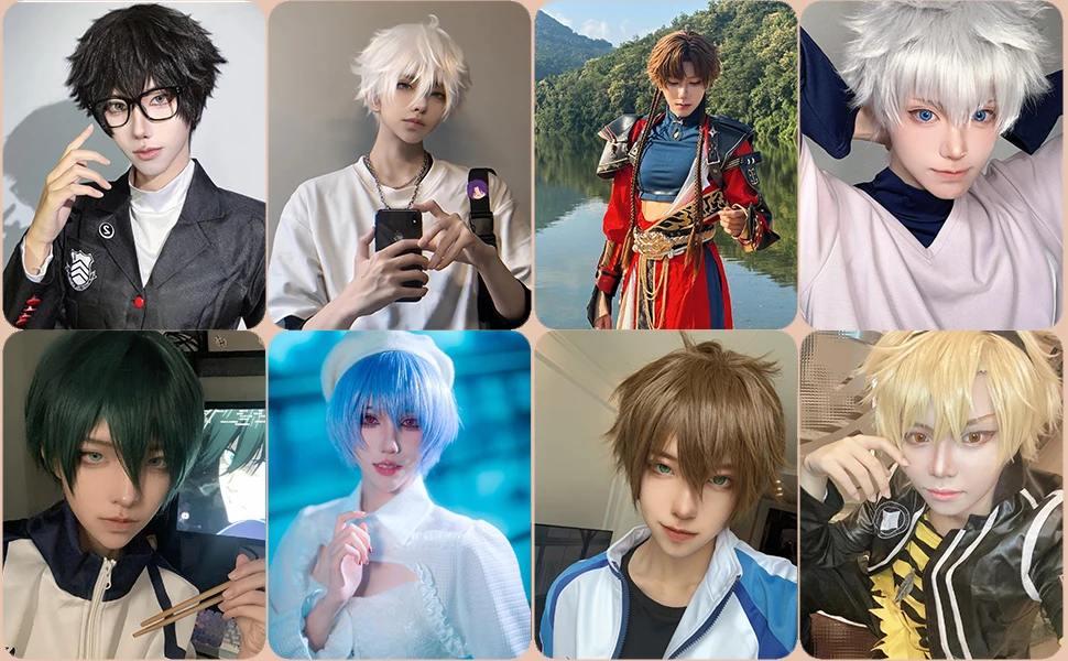 Cosplay-Perücken, Unisex-Anime-Perücke, 12 cm, kurze Haare, universelle Kostüm-Synthetikperücke mit Pony + Kappe, für Partys, Festivals – Detail 6