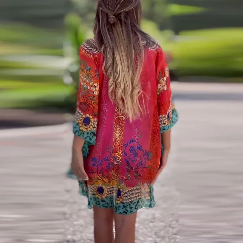 ヴィンテージ花柄ビーチドレス レディース 春ファッション Vネック ルーズミニドレス 夏 七分袖 カバーアップドレス ワンピース