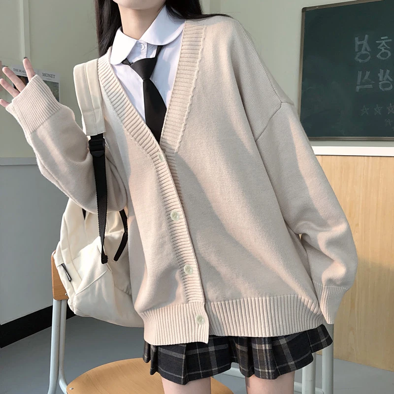 Female Spring Autumn New Junior High School Student Casual Beige Cardigan Sweater JK College Style Suit Pleated Short Skirt