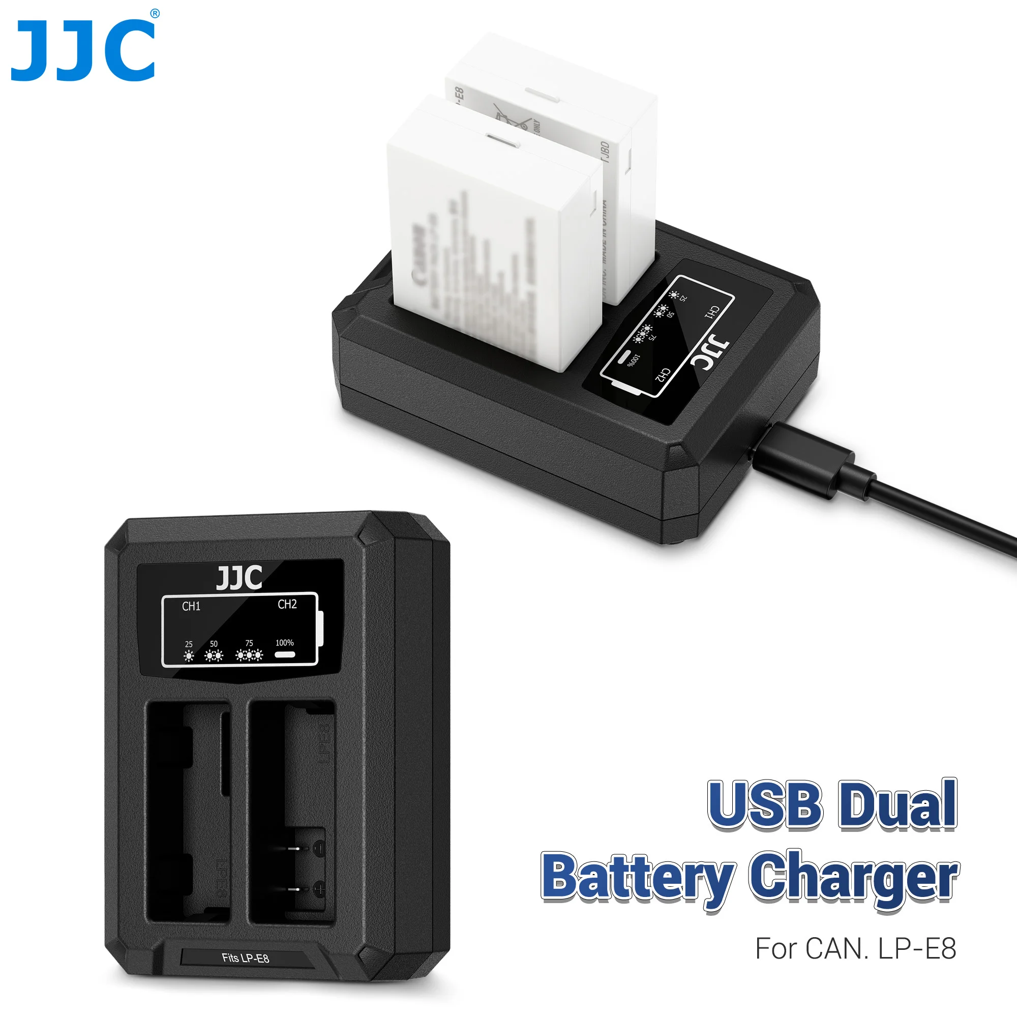 Cargador de Batería USB Tipo C JJC para Canon EOS Rebel T2i T3i T4i T5i LP-E8, Reemplaza al Cargador Canon LC-E8E