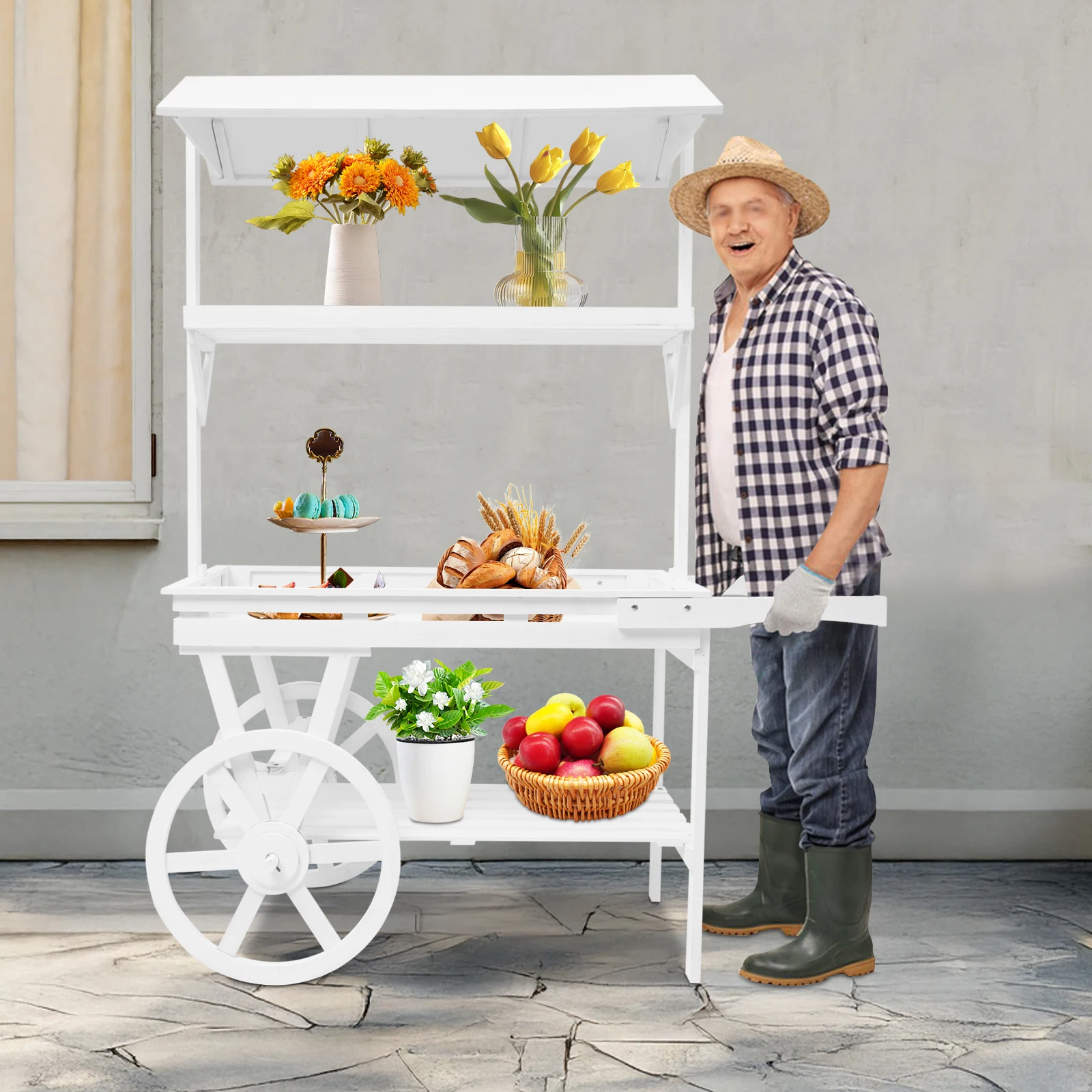 

White Solid Wood 134x54x176cm American Retro Float Display Stand Wheeled Mobile Storage Car
