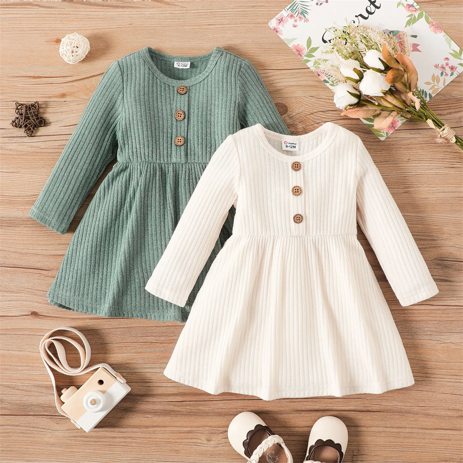 PatPat Baby Girl Button Front Solid Rib Knit Long-sleeve Dress