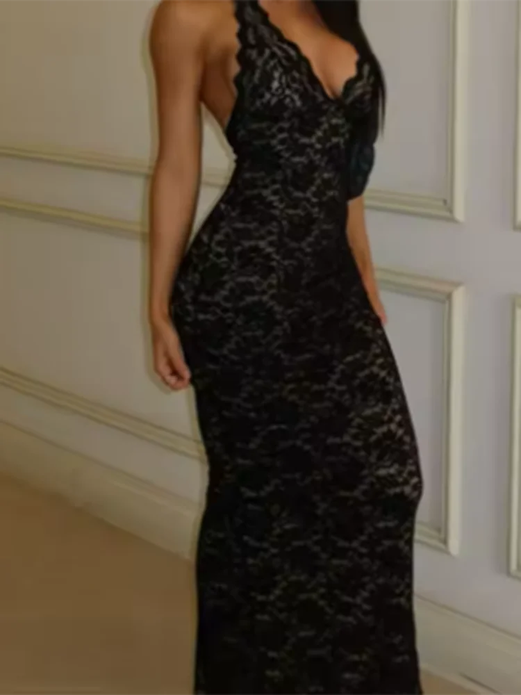 Seksowna sukienka z głębokim dekoltem w serek, koronkowymi wycięciami, wiązana na szyi, modna sukienka bez pleców, bez rękawów, obcisła sukienka na lato, jednolita, dopasowana sukienka bankietowa.