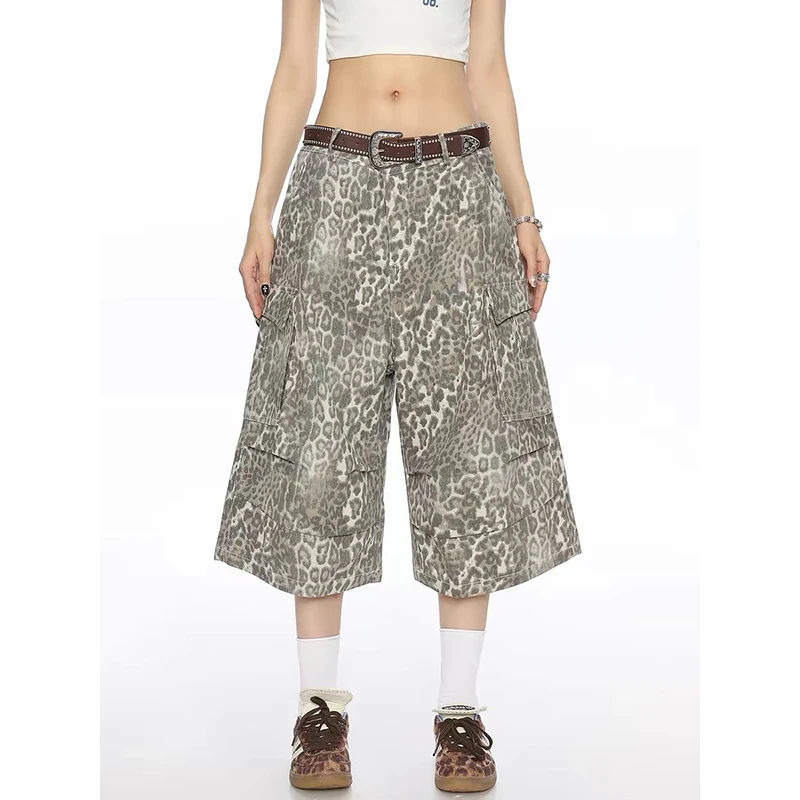 ZHIZOU 2026 Summer Women American Retro Leopard Cargo Jeans Shorts Y2K 2000s Harajuku Baggy Denim Shorts Streetwear High Street