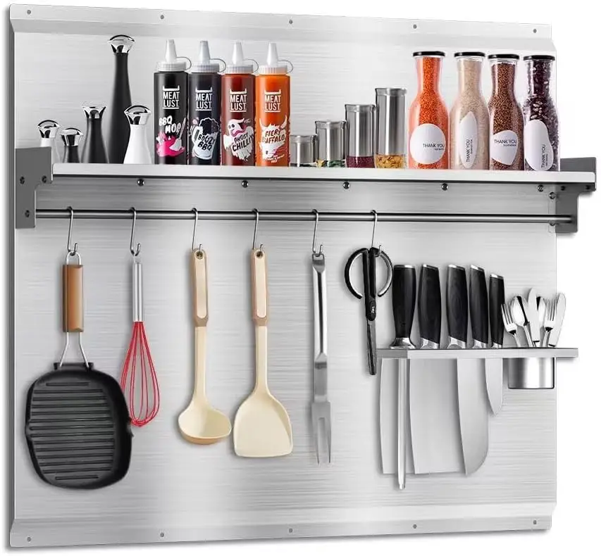 

36"x30" Stainless Steel Backsplash for Stove & Range Hood - Range Backsplash with Shelf & Knife Rack, Kitchen Backsplash