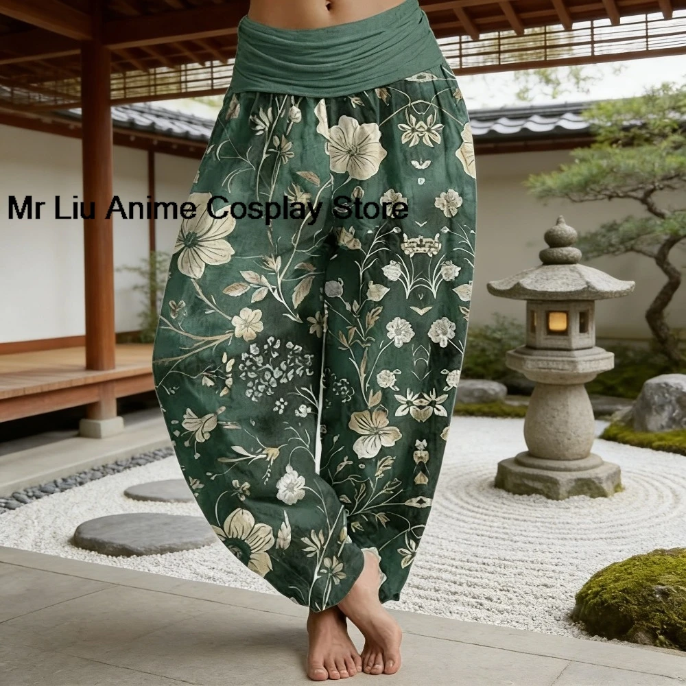 Women's Cozy Chill Japanese Floral Harem Pants Green Vintage Wide Leg Cuffed Thai Trousers Ultra-Soft Cotton Loungewear