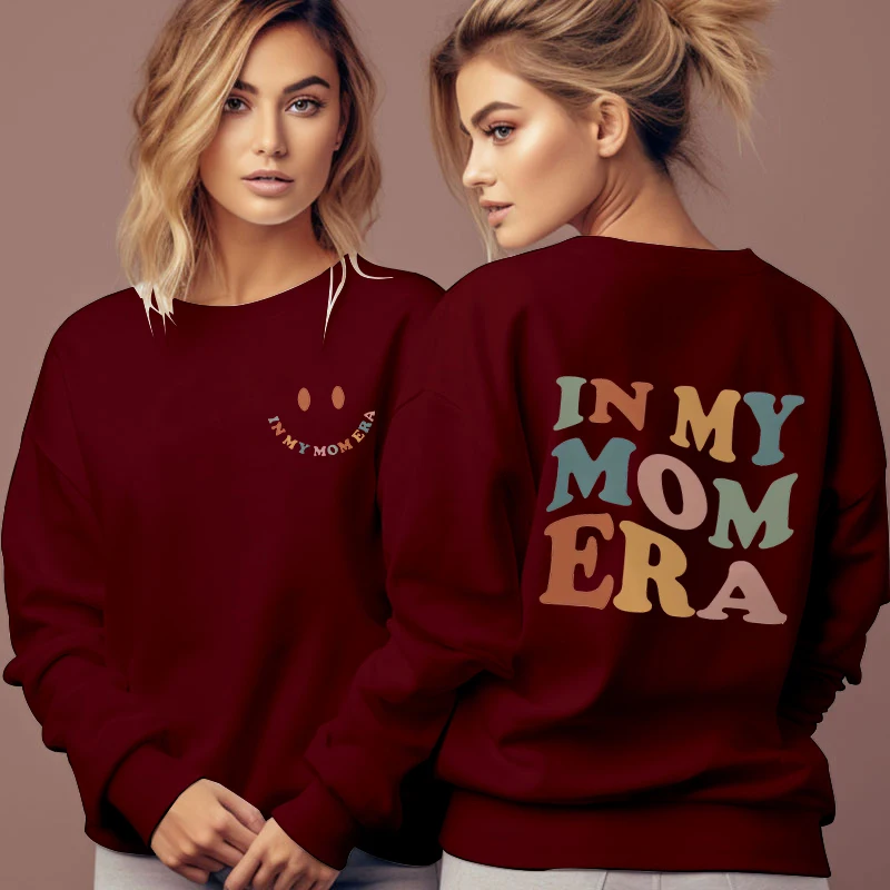 Women Creative Smiling Face Sweatshirt "In My Mom Era" Print Casual Daily Hoodless Pullover Funny Aesthetics Y2K Letter Hoodies