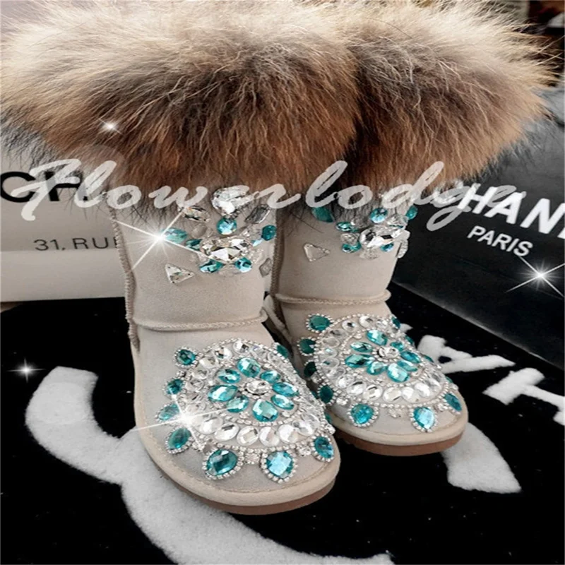 Pelo de zorro natural personalizado hecho a mano, accesorios altos de lujo con rina de piel, botas de nieve de ocio y forro polar de talla grande 35-44